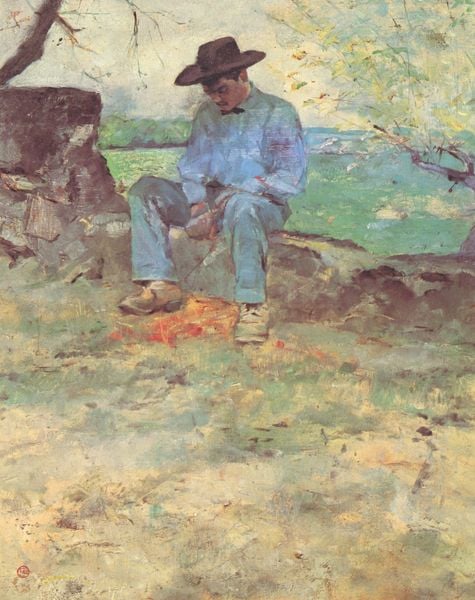 Der junge Routy in Céleyran. by Henri de Toulouse-Lautrec. 1882. Motifs recorded: hut, mann, mauer, blau, baum, sitzend, schatten, schuhe.