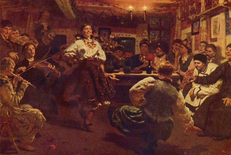 Abendgesellschaft. by Ilja Jefimowitsch Repin. 1881. Motifs recorded: tanz, geige, tisch, mann, frau, kerzen, kneipe, flöte.