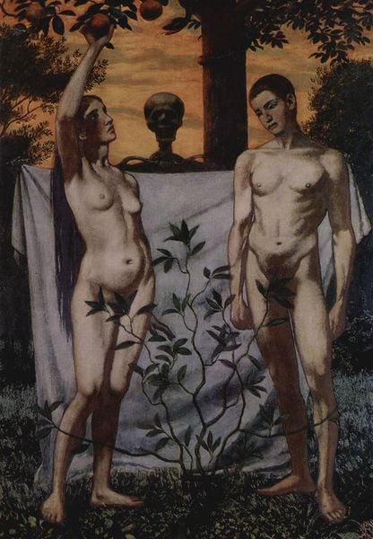 Adam und Eva. by Hans Thoma. 1897. Motifs recorded: eva, adam, apfel, baum, tod, nackt, tuch, skelett.