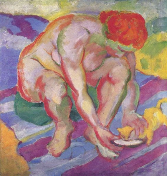 Akt mit Katze. by Franz Marc. 1910. Motifs recorded: frau, katze, lila, rot, nackt, blau, grün, gelb.