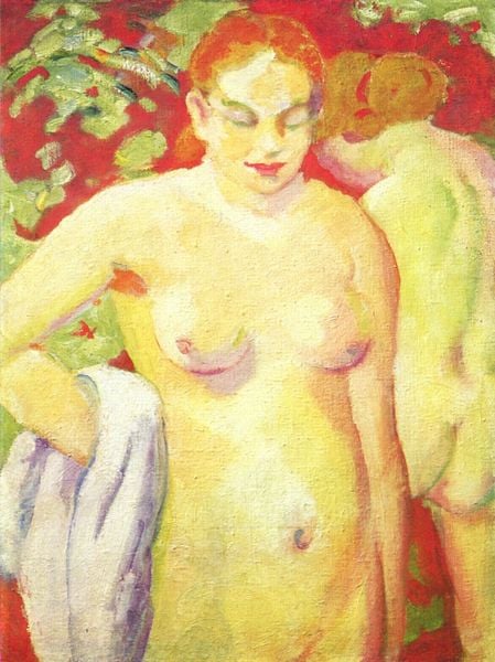 Akte auf Zinnober. by Franz Marc. 1910. Motifs recorded: rot, frau, nackt, gelb, grün, handtuch, tuch, akt.