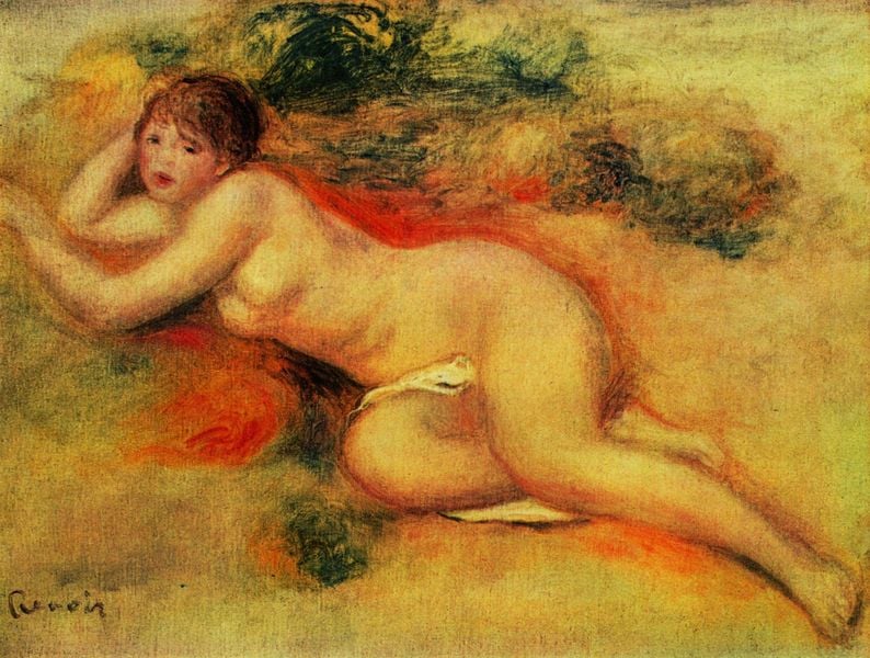 Akt. by Pierre Auguste Renoir. 1880–1890. Motifs recorded: frau, nackt, grün, rot, tuch, renoir, brust, akt.