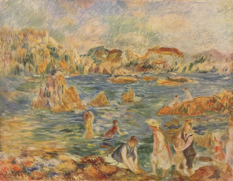 Am Strand von Guernesey. by Pierre Auguste Renoir. 1883. Motifs recorded: baden, frauen, ufer, wolken, berge, wasser, blau, see.