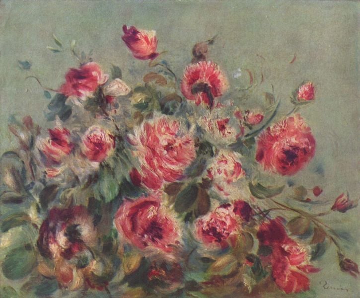 Stilleben, Rosen von Vargemont. by Pierre Auguste Renoir. 1882. Motifs recorded: rosen, rot, blumen, blätter, rosa, blüten, grün, strauss.