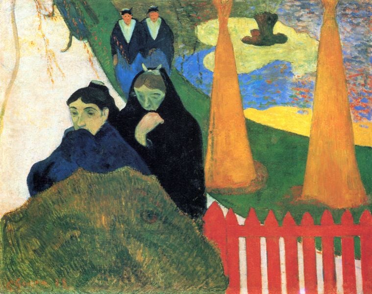 Alte Jungfern durchqueren einen winterlichen Garten in Arles. by Paul Gauguin. 1888. Motifs recorded: zaun, frauen, rot, weg, grün, busch, wasser, schwarz.