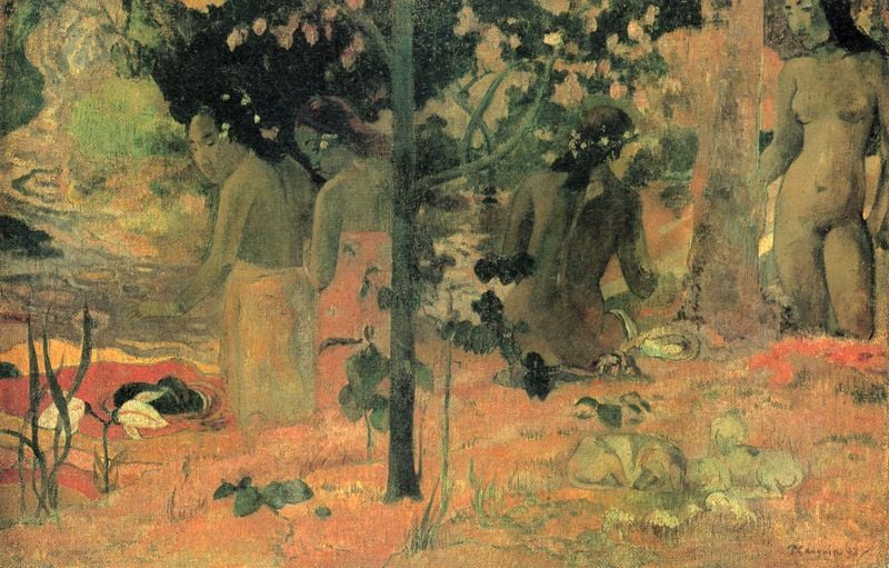 Badende. by Paul Gauguin. 1898. Motifs recorded: baum, nackt, wasser, frauen, blüten, rot, bäume, blätter.
