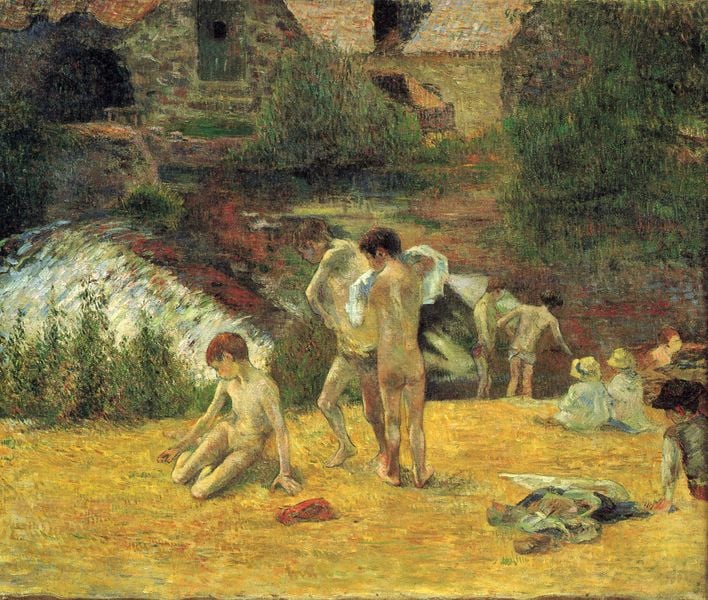 Badende bei der Mühle von Bois d'Amour, Pont-Aven. by Paul Gauguin. 1886. Motifs recorded: children, nude, boys, naked, water, river, waterfall, house.