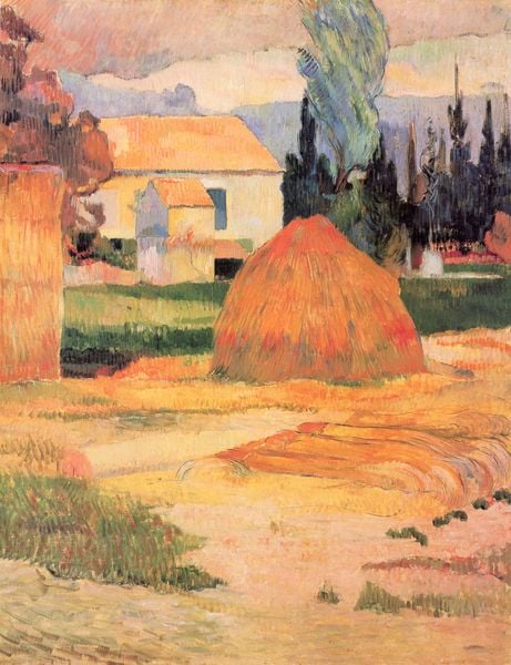 Bauernhaus in Arles. by Paul Gauguin. 1888. Motifs recorded: heu, haus, feld, bäume, baum, orange, landschaft, heuhaufen.