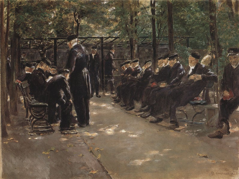 Altmännerhaus in Amsterdam - Studie. by Max Liebermann. 1880. Motifs recorded: männer, park, schwarz, bäume, licht, bank, wald, weg.