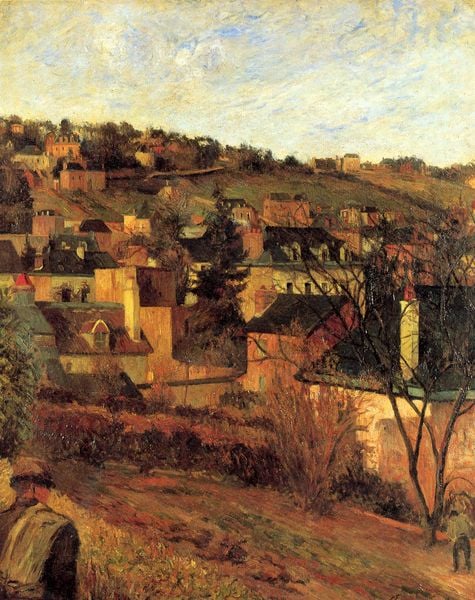 Blaue Dächer bei Rouen. by Paul Gauguin. 1884. Motifs recorded: häuser, dorf, hügel, himmel, feld, landschaft, hut, mann.