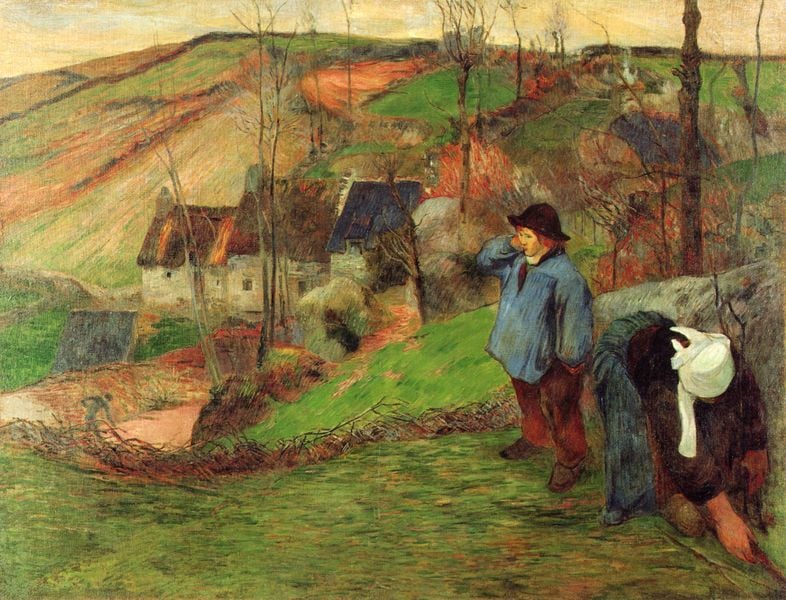 Bretonischer Schäfer. by Paul Gauguin. 1888. Motifs recorded: häuser, frau, landschaft, bäume, hut, mann, bauern, wiese.