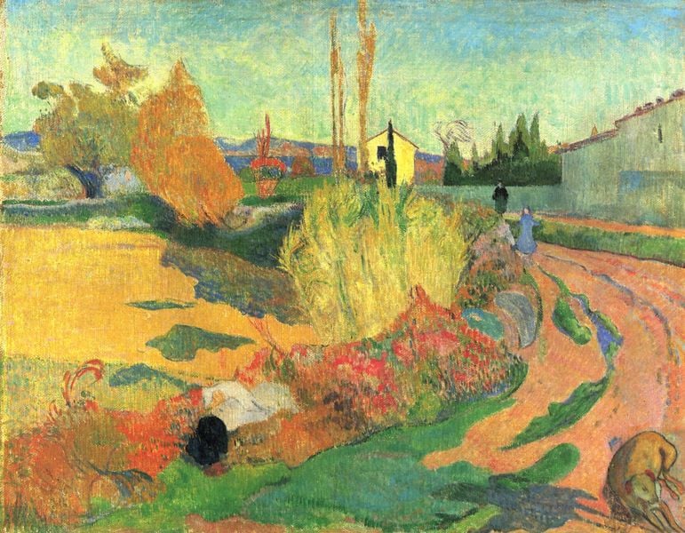 Die Mas von Arles. by Paul Gauguin. 1888. Motifs recorded: weg, landschaft, hund, häuser, haus, bäume, gelb, grün.