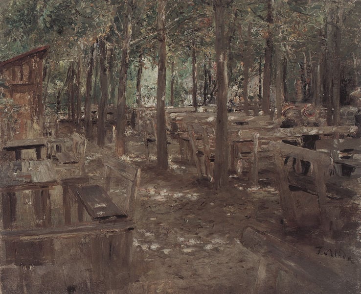 Alter Biergarten in Dachau. by Fritz von Uhde. 1888. Motifs recorded: biergarten, bänke, bäume, schatten, holz, tische, licht, impressionismus.