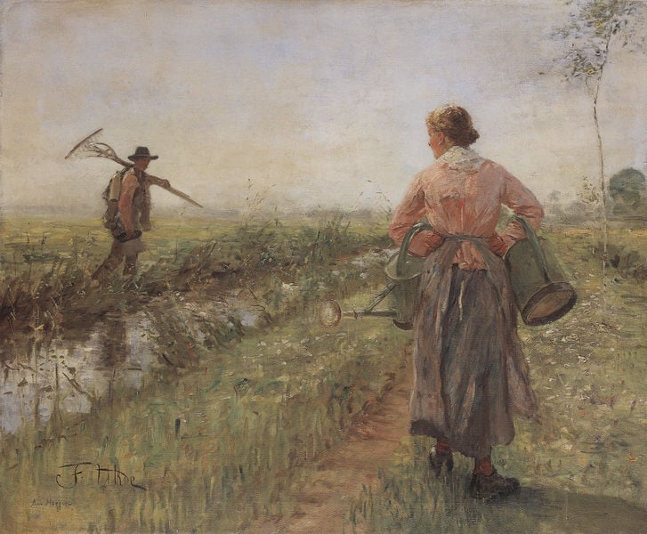 Am Morgen. by Fritz von Uhde. 1889–1890. Motifs recorded: frau, man, woman, tree, mann, rechen, field, bach.