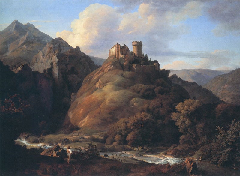 Ahrtal. by Johann Wilhelm Schirmer. 1828. Motifs recorded: burg, bäume, castle, mann, berg, himmel, wolken, landschaft.