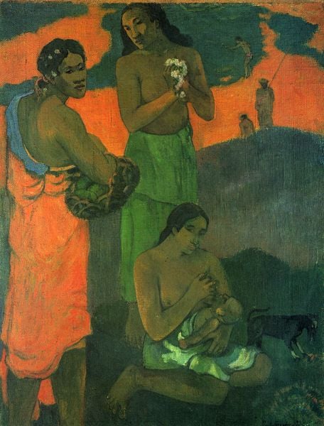 Mutterschaft. by Paul Gauguin. 1899. Motifs recorded: frauen, grün, korb, baby, südsee, brust, gaugin, blumen.