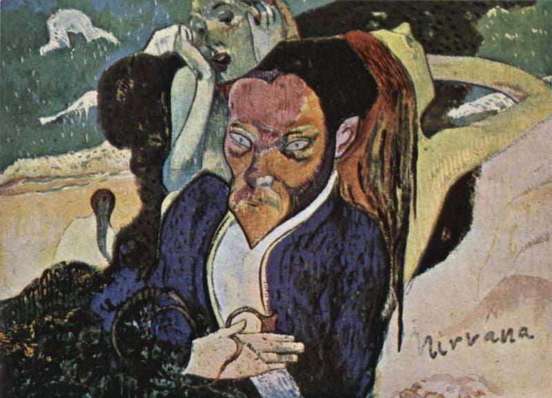 Nirvana, Porträt des Meyer de Haan. by Paul Gauguin. 1890. Motifs recorded: mann, blau, frauen, nirvana, hand, frau, bart, schwarz.