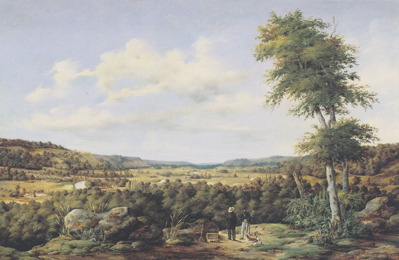 Das Tal der Ourthe bei Bomal. by Johann Wilhelm Schirmer. 1830. Motifs recorded: landschaft, himmel, wolken, baum, männer, weite, hügel, grün.