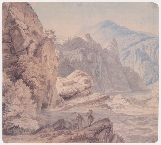 Ahrlandschaft mit Fischern. by Johann Wilhelm Schirmer. 1831–1833. Motifs recorded: landschaft, felsen, gebirge, berge, männer, menschen, bäume, licht.
