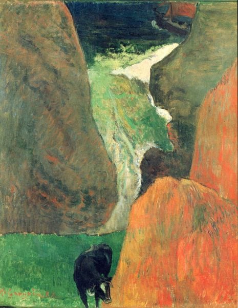 Über dem Abgrund. by Paul Gauguin. 1888. Motifs recorded: kuh, grün, wasser, schiff, hörner, schwarz, fels, berge.