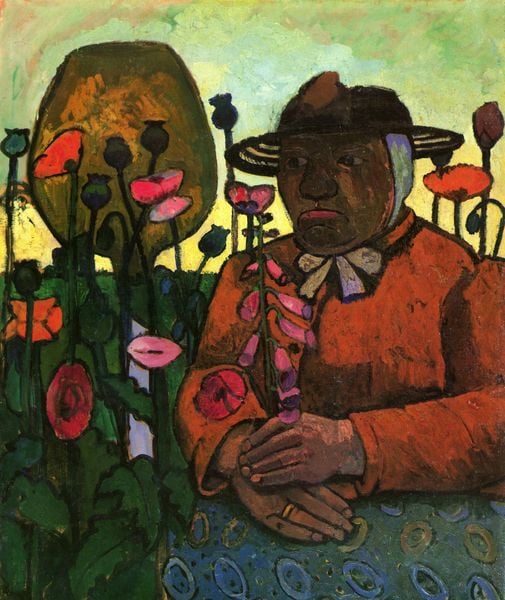 Alte Armenhäuslerin im Garten. by Paula Modersohn-Becker. 1906. Motifs recorded: blumen, frau, rot, hut, ring, rock, blau, bäuerin.
