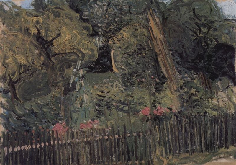 Blick in den Park. by Richard Gerstl. 1908. Motifs recorded: blumen, zaun, baum, bäume, grün, garten, rot, stamm.