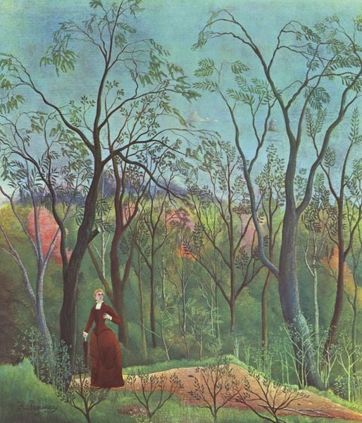 Am Waldrand. by Henri Rousseau. 1884–1888. Motifs recorded: himmel, frau, naiv, wald, grün, schirm, rot, bäume.
