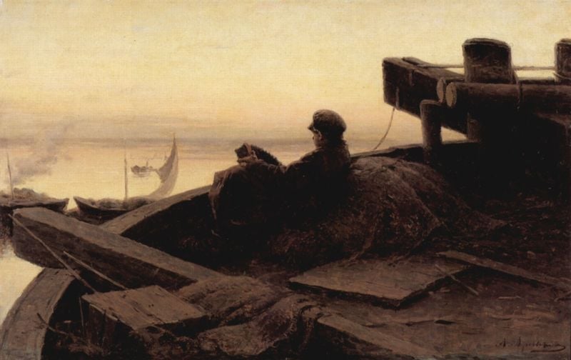 An der Wolga. by Abram Jefimowitsch Archipow. 1889. Motifs recorded: meer, junge, boot, segel, holz, schiff, himmel, horizont.