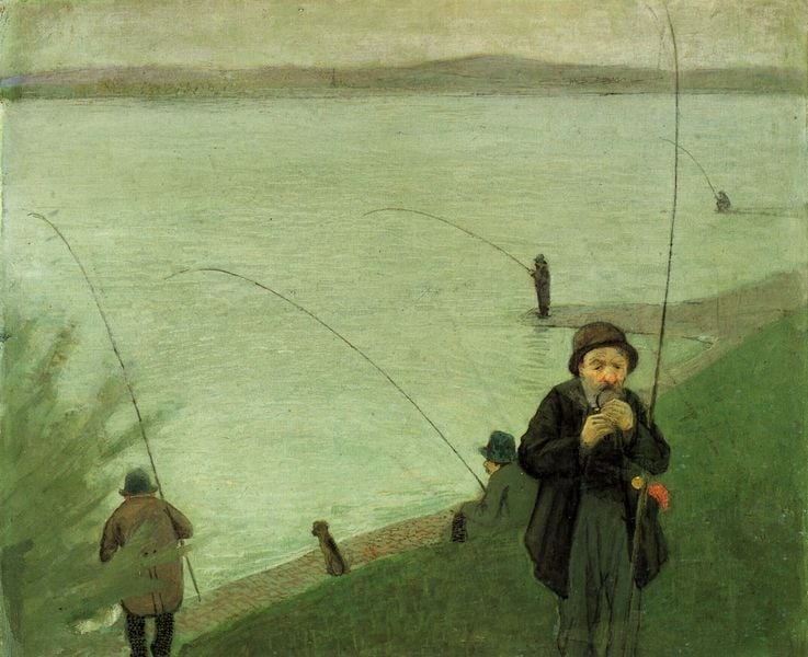 Angler am Rhein. by August Macke. 1907. Motifs recorded: angler, hund, ufer, wiese, wasser, angeln, see, hut.