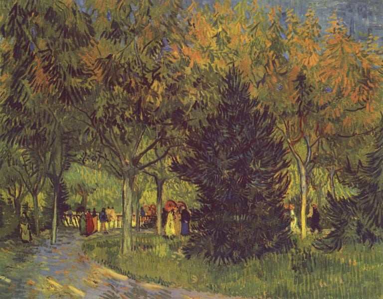 Allee im Park. by Vincent van Gogh. 1888. Motifs recorded: bäume, weg, menschen, grün, wald, blau, himmel, wiese.