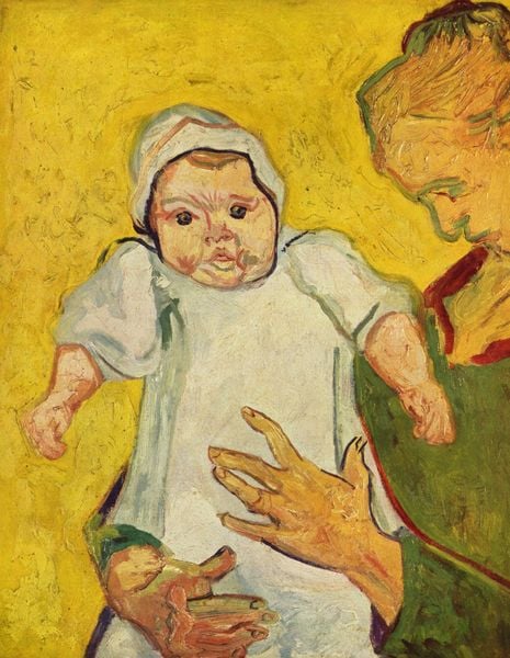 Augustine Roulin mit ihrem Säugling. by Vincent van Gogh. 1888. Motifs recorded: gelb, kind, baby, mutter, grün, hände, frau, mütze.
