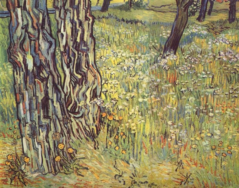 Baumstämme. by Vincent van Gogh. 1890. Motifs recorded: wiese, blumen, gelb, bäume, van gogh, rinde, löwenzahn, grün.