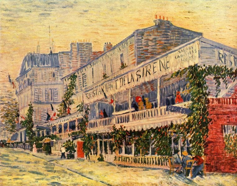 Das Restaurant de la Sirene in Asnicres. by Vincent van Gogh. 1887. Motifs recorded: haus, balkon, restaurant, straße, frankreich, impressionismus, rot, menschen.