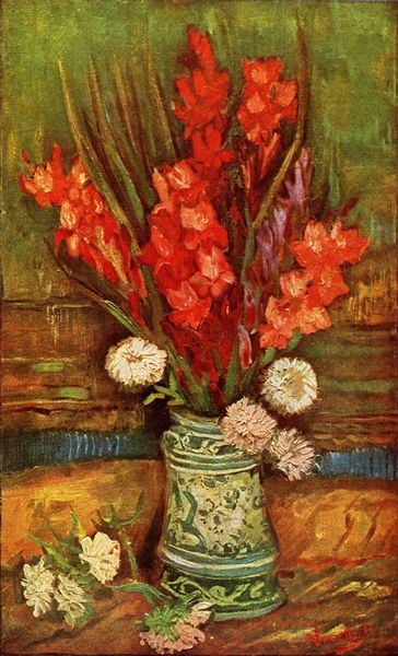 Stilleben mit roten Gladiolen. by Vincent van Gogh. 1886. Motifs recorded: blumen, vase, rot, grün, gladiolen, stilleben, blau, weiß.