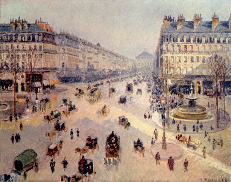 Avenue de l'Opera. by Camille Pissarro. 1898. Motifs recorded: brunnen, menschen, stadt, paris, kutschen, platz, kutsche, bäume.