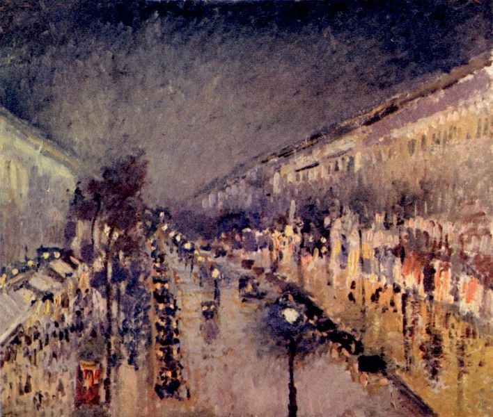 Boulevard Montmartre bei Nacht. by Camille Pissarro. 1898. Motifs recorded: street, people, night, city, light, impressionism, cars, straße.