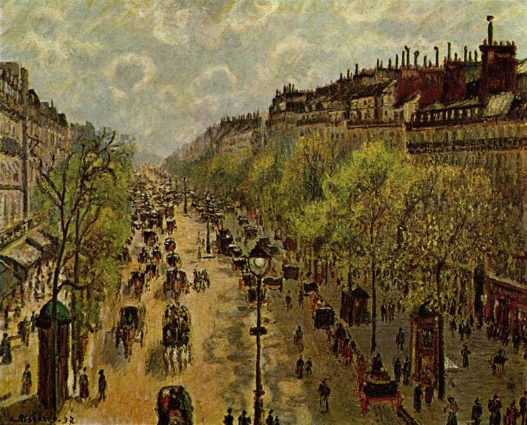 Boulevard Montmartre, Frühling. by Camille Pissarro. 1897. Motifs recorded: menschen, häuser, kutschen, stadt, strasse, litfasssäule, allee, bäume.