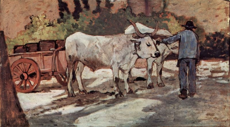 Bauer mit Ochsenkarren. by Giovanni Fattori. 1890–1900. Motifs recorded: mann, schatten, wagen, karren, bauer, baum, fässer, hörner.