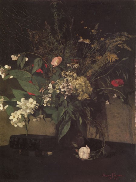 Feldblumenstrauß mit Jasmin. by Hans Thoma. 1869. Motifs recorded: blumen, vase, grün, dunkel, rot, rose, blätter, tisch.