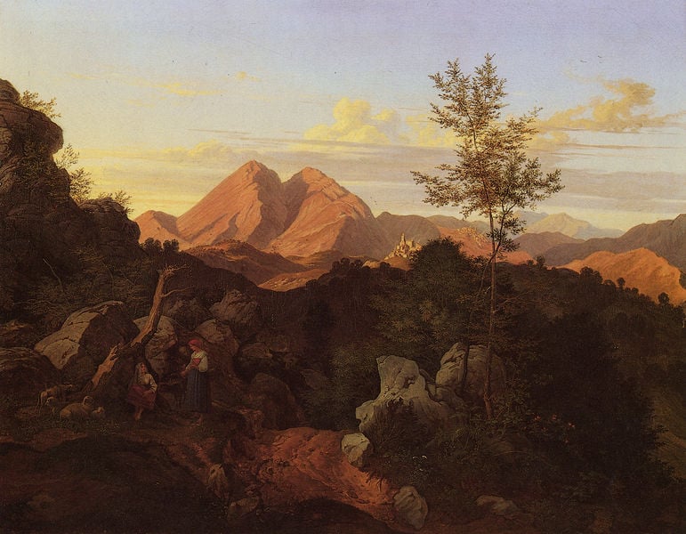 Abend in den Apenninen (Rocca di Mezzo). by Adrian Ludwig Richter. 1828. Motifs recorded: wolken, gebirge, himmel, felsen, berge, blau, baum, frau.