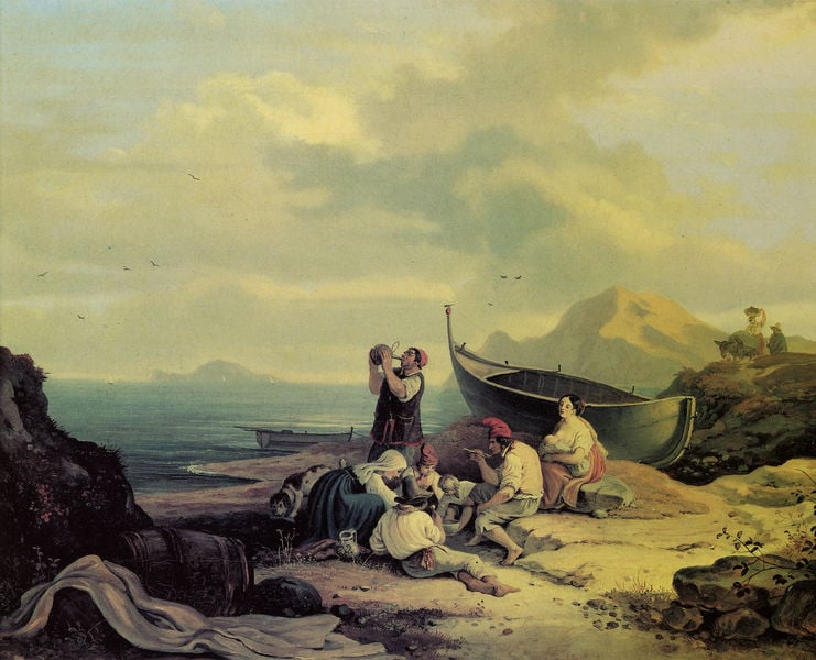 Blick von Bajae auf Capri. by Adrian Ludwig Richter. 1834. Motifs recorded: boot, trinken, meer, esel, fass, himmel, strand, männer.