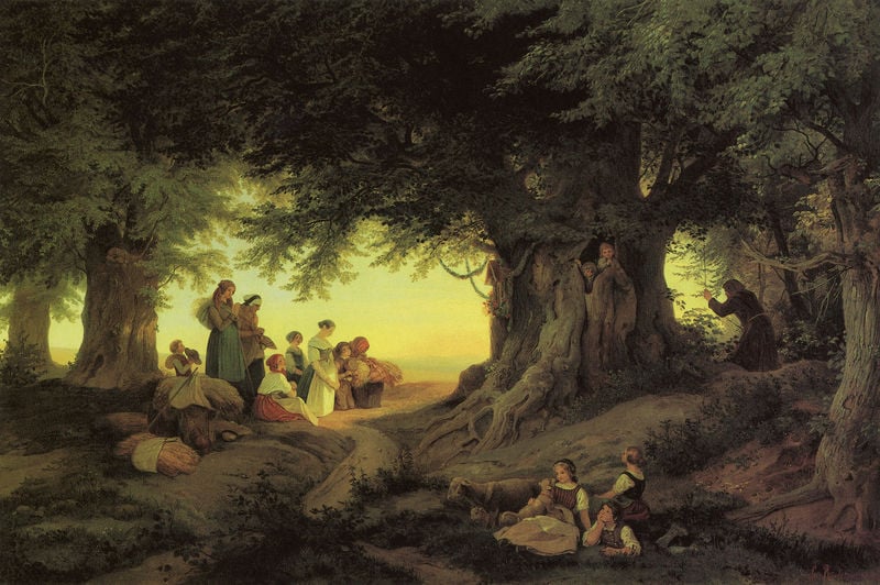 Abendandacht (Abenläuten). by Adrian Ludwig Richter. 1842. Motifs recorded: kinder, bäume, frauen, menschen, wald, baum, licht, wurzeln.