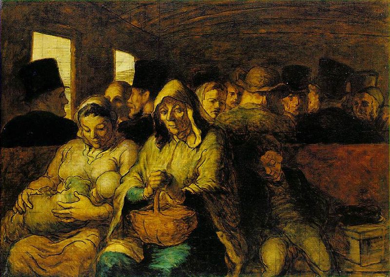 Abteil dritter Klasse. by Honoré Daumier. 1864. Motifs recorded: train, kind, korb, femme, enfant, männer, panier, zug.