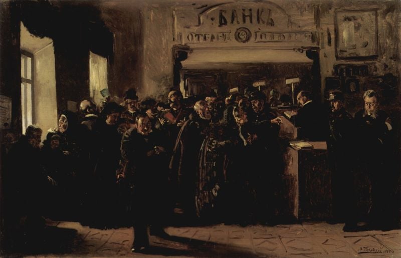Bankenkrach. by Wladimir Jegorowitsch Makowskij. 1880. Motifs recorded: menschen, fenster, männer, hüte, schalter, bank, schatten, schrift.