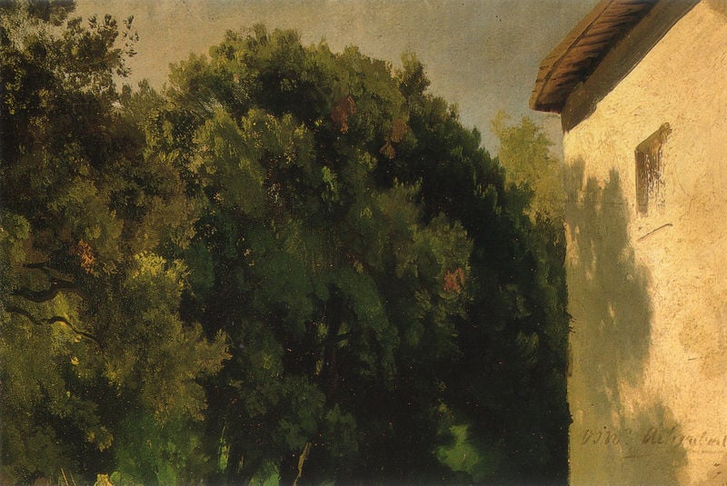 Blick in Baumkronen mit Hausecke. by Oswald Achenbach. 1848–1852. Motifs recorded: grün, baum, bäume, schatten, haus, blätter, fenster, himmel.