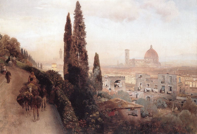 Ansicht von Florenz mit Blick auf den Dom. by Oswald Achenbach. 1883. Motifs recorded: florenz, esel, italien, menschen, weg, dom, zypresse, häuser.