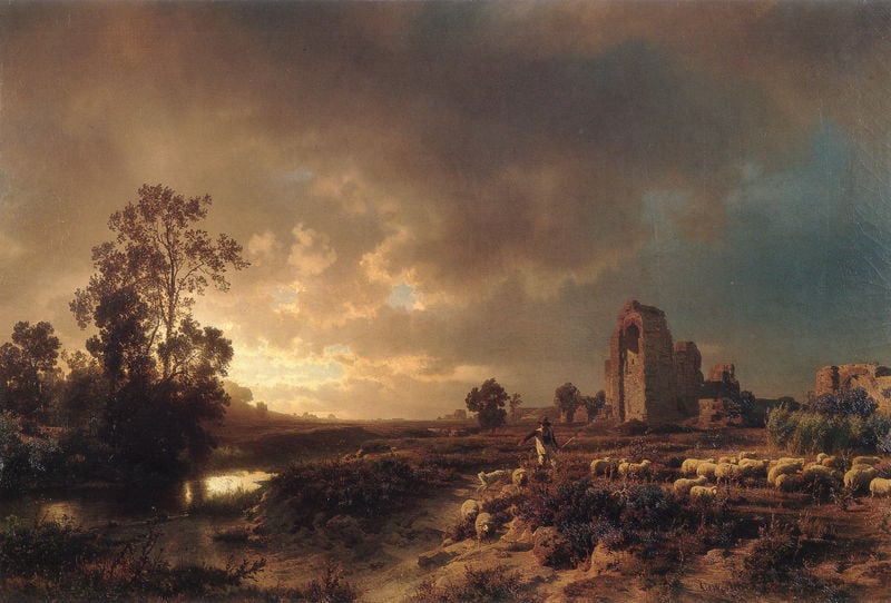 Abendstimmung in der Campagna. by Oswald Achenbach. 1850. Motifs recorded: schafe, landschaft, baum, wolken, sonne, ruine, himmel, herde.