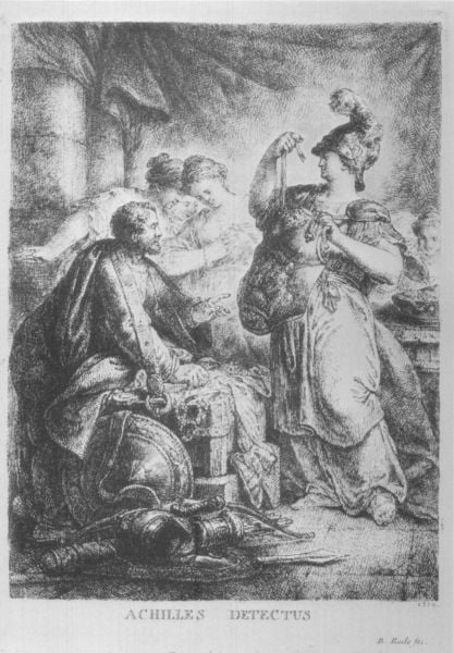 Achilles unter den Töchtern des Lykomedes von Odysseus erkannt (Erste Fassung). by Bernhard Rode. 1774. Motifs recorded: mann, frauen, helm, rüstung, achilles, schild, zeichnung, frau.