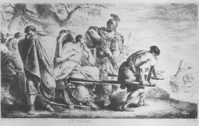 Cicero bietet dem Herennius seinen Hals dar. by Bernhard Rode. 1775. Motifs recorded: baum, helm, zeichnung, soldat, schwert, trage, träger, römer.