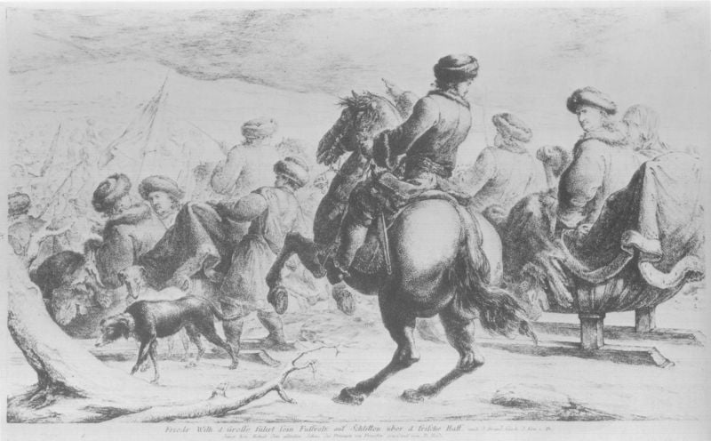 Friedrich Wilhelm der Große, wie er seine Infanterie auf Schlitten über das Frischhaff führt. by Bernhard Rode. 1740–1797. Motifs recorded: hund, schlitten, reiter, winter, pferde, pferd, mützen, männer.